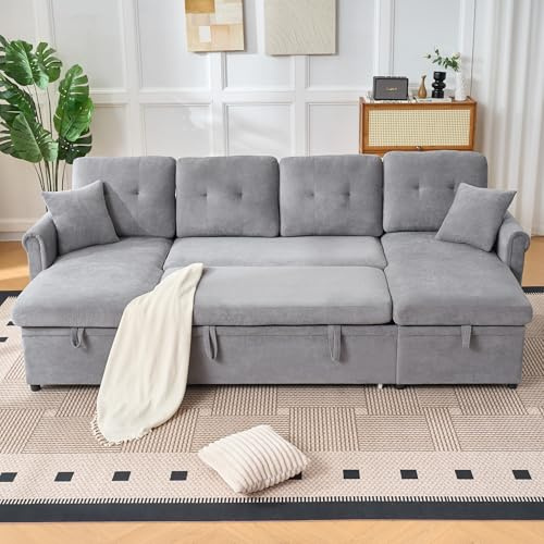 Luscriate Sofa mit Schlaffunktion U Form | Großes 4-Sitzer Schlafsofa mit Stauraum | Samtstoff Bezug | 266 cm Breite | Extra Tiefe Sitzfläche | Für Wohnzimmer