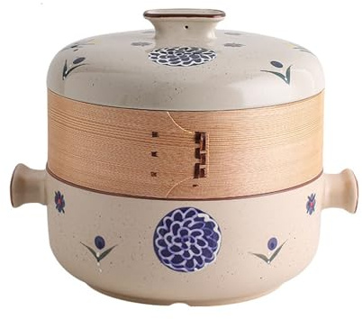 MEMEM Cacerola Japonesa con Cesta vaporera de bambú, Redonda de cerámica de gres con Tapa, Plato de Sopa de cerámica de Dos Pisos.(1.5L)