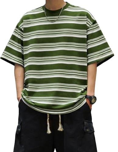 AIYINO Casual Mens Striped T Shirt Oversized Loose Fit Tshirts for Men UK | Mens Casual Short Sleeve Crew Neck Tee,stretch breathable fabric. Oversized relaxed fit,ideal streetwear daily Tops For Men