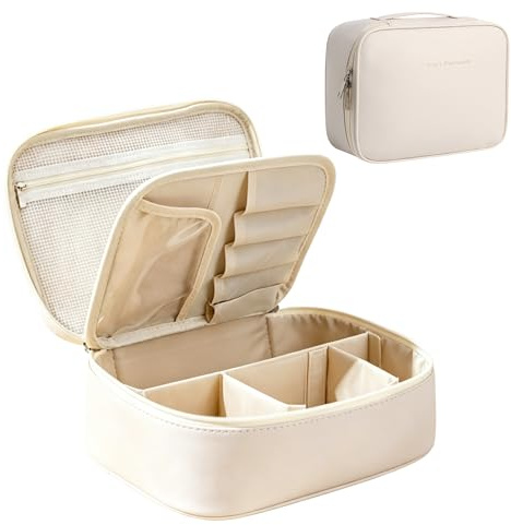 Makeup Bag with Brush Compartments, Travel Makeup Organiser with Handle, Make Up Bag for Women, PU Leather Make Up Organiser, Water-Resistant Vanity Case, Skincare Cosmetics Organiser