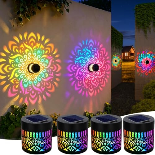 Applique Murale Exterieur Solaire, Dégradé de 7 Couleurs Mandala Fleur de Lumiere Solaire Murale Métal LED Etanche Lampion Mural pour a Poser Terrasse Exterieur Jardin Lanterne Lampadaire