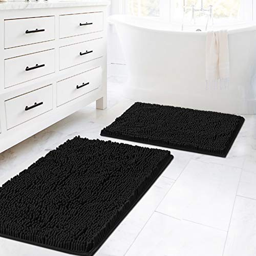 H.VERSAILTEX Black Bathroom Rug Set 2 Piece, Bath Mats for Bathroom Floor, Super Thick Soft Shaggy Chenille Bath Mats Machine Washable, Dry Fast Water Absorbent Bath Mats(20 x 32/17 x 24)