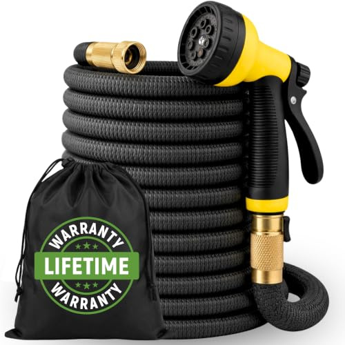J&B Xpandahose Manguera de jardín de agua expandible con soporte, núcleo de látex de triple capa resistente y 10 boquillas de pulverización con bolsa de almacenamiento (color negro, 100)