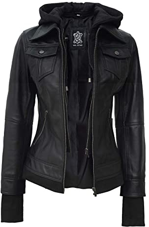 fjackets Leather Jackets For Women - Removable Hood Real Lambskin Leather Jacket Women - Betty Black Hooded Jacket | [1309192] S