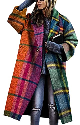 Onsoyours Manteau à Revers à Manches Longues Et à Carreaux à Blocs De Couleur pour Femmes d'automne Manteau en Laine Imprimé Multicolore M