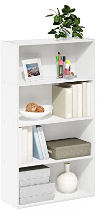 Furinno PASIR Book Shelf, 4-Tier Bookshelf, Bookcase with Open Shelf, 9.4 x 23.6 x 41.7, for Living Room, Bedroom, Home Office, White
