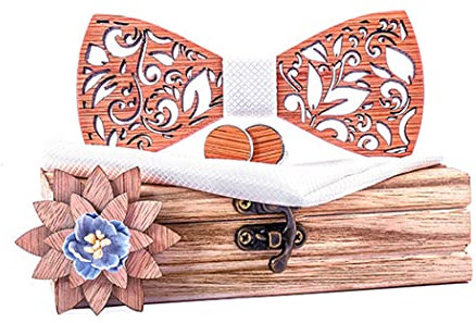 RQPYQF Noeud Papillon en Bois - Ensemble de 4 Pièces avec Boutons de Manchette, Broche et Carré de Poche, Fait Main, Accessoire Mode
