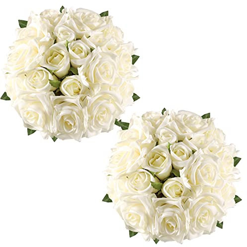 Famibay Künstliche Blumen Rosen Weiß Kunstblumen Seidenblumen BrautStrauß Hochzeit Kustrosen Strauß Künstlich Blumenstrauß für Haus Garten Vase Hochzeit Pack of 4