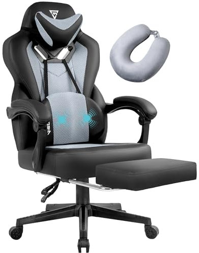 Vigosit Gaming Stuhl PRO, Gaming Sessel Bürostuhl Ergonomische für Erwachsene, Office Nap Gaming Chair Stühle schreibtischstuhl mit Sitzkissen Fußstütze, Mesh Drehstuhl Massagesessel (Hellgrau)
