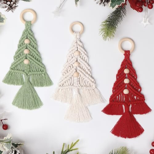Dremisland 3PCS Macrame Christmas Tree Kits - Boho Woven Wall Hanging DIY Kit Finished Product XMAS Tree Craft Ideas Gifts Christmas Decoration for Holiday Party Supplies