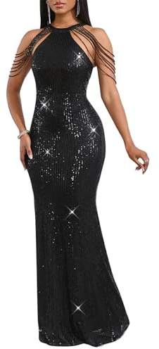 Cololura Women Sexy Elegant Sequin Tassel Off Shoulder Halter Bodycon Maxi Dress Party Evening Gown Formal Dress