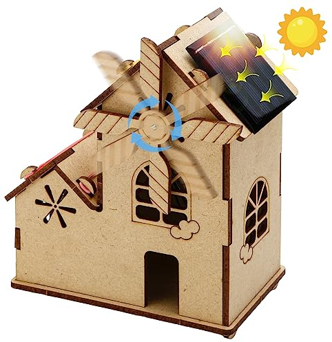 Solar Powered Wooden Puzzles-DIY Assembly 3D Construction Toy with Windmill,STEM Educational Science Craft Model Kit,Craft for Kids,Handmade Wood House for Children Ages 8-14