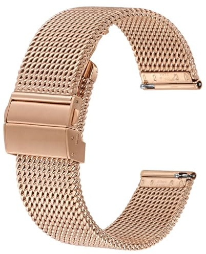 BISONSTRAP Metall Uhrenarmband, Faltschließe, 316L Edelstahl Mesh Armband, Schnellverschluss Ersatzarmband für Damen und Herren, 20mm, Roségold