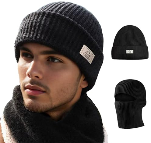 CCAIPU mössa hatt, varm herr vintermössa gjord av fleece, en del stickad mössa, Svart, one size