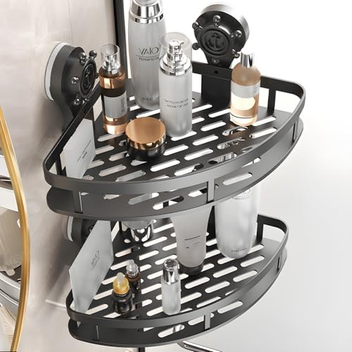 ANMEISH 2 Pcs Corner Shower Caddy, Bathroom Shelf Suction Cup No Drill Removable Shower Organizer Storage Wall Mounted Rack Rust Free Shower Tidy for Shampoo Soap(Plastic-Black)