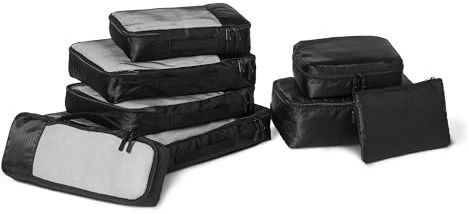 Amazon Essentials Lot d’Accessoires de Voyage, 8 Housses de Rangement, Organisateur de Bagages avec Double Fermeture à Glissière, 100% Polyester, Plusieurs Dimensions, Noir
