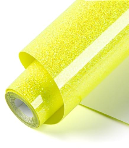 HTVRONT Glitter Heat Transfer Vinyl - 10 x 5FT Neon Lemon Yellow Glitter HTV Vinyl for T-Shirts, Neon Lemon Yellow Glitter Iron on Vinyl for All Cutter Machine