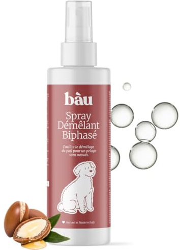 BAU Spray Démêlant pour Chien et Chat sans Rinçage – Soin Biphase à l’Acide Hyaluronique et à l’Huile d’Argan – Spray Anti-Nœuds Naturel pour Poils Longs et Brillants – 200 ML