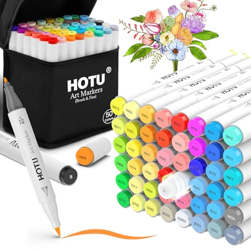 HOTU Rotuladores de alcohol doble punta - Set de 50 colores con punta de pincel y fina, para ilustración, caligrafía y colorear adultos/niños, incluye estuche y bloc anti-manchas