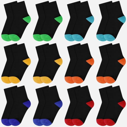HAGOT Confezione 12 Paia Calzini Equipaggio da Bambino e Bambina, Calzini Sportivi Unisex in Cotone, Calzini Casual Traspiranti per Bambini a Taglio Medio