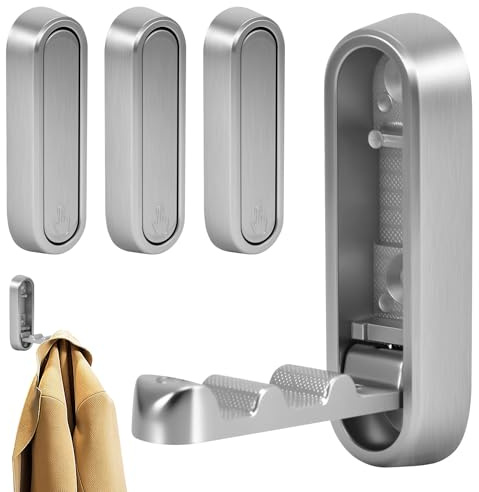 Kinberry Folding Wall Mount Hooks - 4Pcs Heavy Duty Coat Hooks for Wall Retractable, Stainless Steel Racks Premium Design Rust Free for Towels/Backpacks/Bags(Gray)