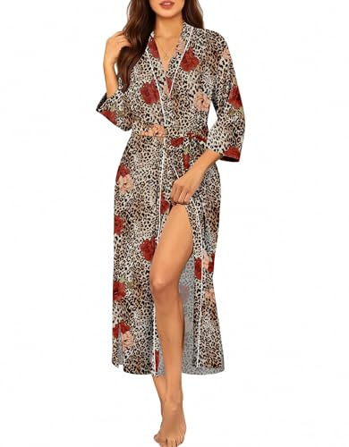 Ekouaer Women Kimono Robes Lightweight Long Bathrobe Knit Soft Sleepwear Casual Loungewear with Pockets(Leopard Print, XX-Largel)