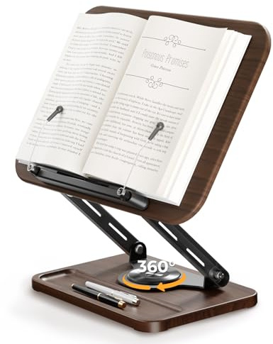 SupeDesk Buchständer zum Lesen, Buchhalter mit 360° drehbarer hölzerner Basis & Stiftschlitz, verstellbarer Holz-Buchhalter Leseständer mit elastischem Kugel-Seitenclip für Zeitschrift,Tablet,Laptop