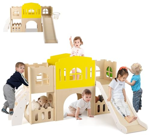 HOMASIS 7 in 1 Scivolo per Bambini da Interno con Canestro da Basket, Scala, Tunnel, Spazio di Stoccaggio, Parco Giochi in Legno a Forma di Castello, 169 x 125 x 98 cm, Multicolore