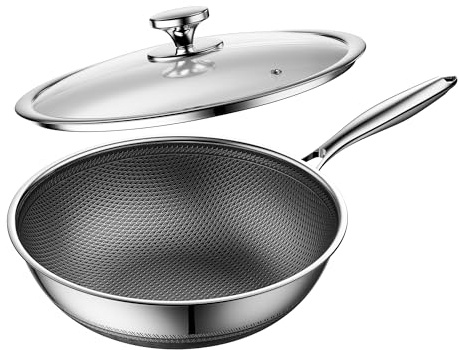 ZEROPAN Wok antiadherente con tapa de 30 cm, wok híbrido de acero inoxidable, sartén, mango que se mantiene frío, lavavajillas, libre de PFAS PFOA y PTFE, apto para horno hasta 260 °C, apto para todas