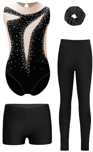 Linjinx 4er Set Mädchen Turnanzug Gymnastikanzug mit Hose Shorts Haarband Ärmellos Gymnastikbody Turntrikot Leotard Tanzkostüm Schwarz A 146-152
