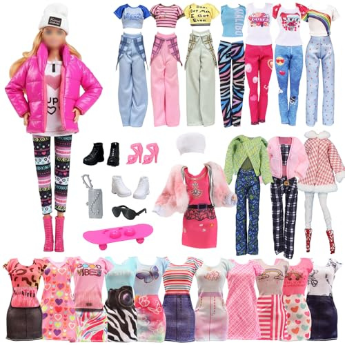 11.5Inch Doll Clothing Set Compatible with Barbie – Winter Down Coat with Printed Pants, Hat & Boots, Dresses, Sweater & Casual Outfits, Skateboard, Shoes, Glasses & Bag – Gift for Girls
