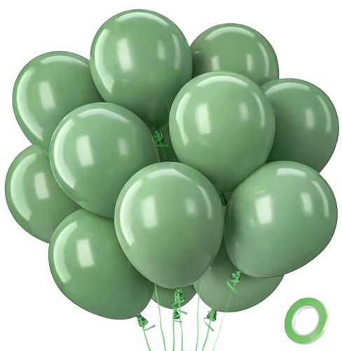 QIFU Sage Green Balloons 100 Pack - 12 Inch Strong Thicken Sage Green Birthday Balloon Round Helium Balloons for Birthday Party Decoration Engagement Anniversary Graduation Baby Shower Dinosaur Jungle