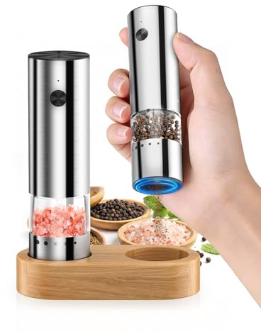 salt och pepparkvarn elektrisk, [ministorlek], bärbar pepparkvarn elektrisk med USB-laddning, 5-stegs extern justering, träbas, rostfritt stål, kryddkvarn för resor, BBQ | 5 Justerbar slipnivå, USB-laddning, träbas, uppladdningsbar elektrisk pepparkvarn-set, kryddkvarn för resor BBQ