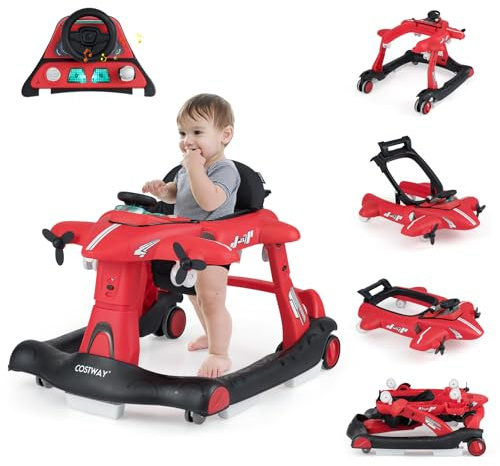 COSTWAY 6 i 1 Gåstol, Hopfällbar Gåvagn med Justerbar Höjd och Hastighet, Baby Walker, Flygplansmotiv med Avtagbar Musiklåda och Matbricka, Promenadfri Baby från 6 Månader Röd