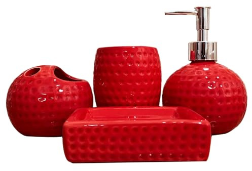 Juego de baño Rojo de 4 Piezas, Accesorios de baño Rojos de cerámica Que Incluyen Soporte para Cepillo de Dientes, Vaso, dispensador de loción, jabonera para decoración navideña,