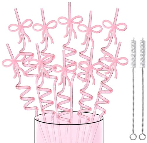 LuminaVerde strohhalme Plastik, 24 Stück Wiederverwendbare Pinke Glitzer-strohhalme mit Schleife für Geburtstag Party & Hochzeit