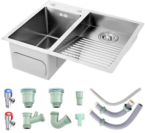 KUYBTU Large Washbasin with Washboard for Garages and Basements, 304 Stainless Steel Sink, Robust Sink Double Bowl, Drain Sets-Silver-a-60cm-Right