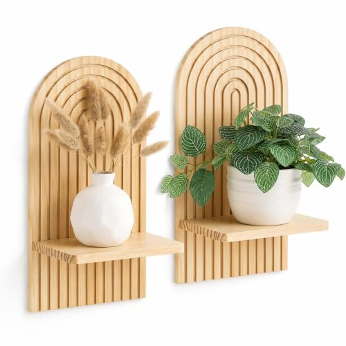 LMSAWK Set de 2 Estantes de Pared de Madera Boho, Estante Flotante Decorativa para Plantas, Libros y Pequeños Adornos, Estilo Bohemio para Salón y Dormitorio, Natural
