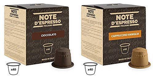 Note D'Espresso Cápsulas de chocolate - 40 Unidades de 7 g, Exclusivamente Compatible con cafeteras Nespresso + Cápsulas de capuchino de vainilla instantáneo, 6,5 g (caja de 40 unidades)