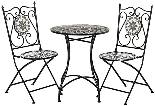 Outsunny 3 Pcs Mosaic Tile Garden Bistro Set, Table, 2 Folding Chairs Grey | Outdoor Seating, Metal Frame, Elegant Scrolling, Indoor Patio Balcony