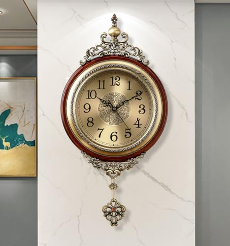 Pendulum Wall Clock, Battery Operated Quartz Movement, Silent Non Ticking, Large Antique Metal Wooden Clock, for Home Decor Living Room Office