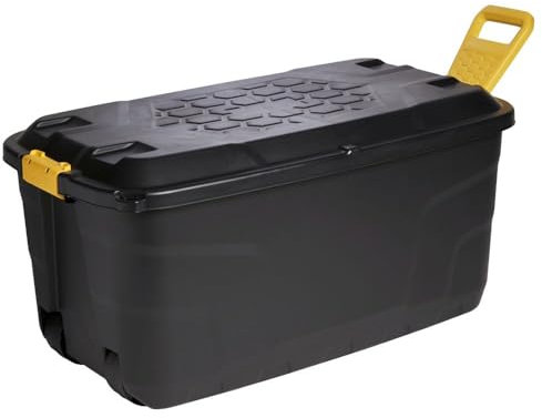 Pluto Packaging Strong Black XL Capacity 110 & 145 Litres Indoor Outdoor Heavy Duty Storage Trunk With Wheels & Handles (145 Litre, 1 x Storage Trunk Box)