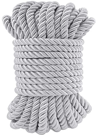 LEREATI Silver Twisted Cord Rope 7mm x 10m, 3-Ply Soft Polyester Satin Cord Trim, Decorative Twisted Macrame Rope for DIY Craft Curtain Tieback Honor-cord Gift Bags Home Decor