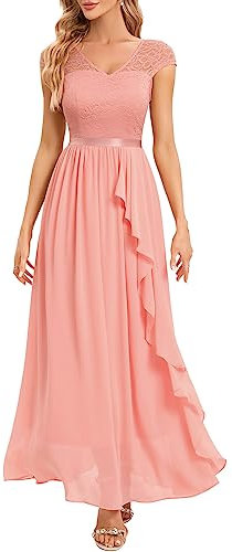Gardenwed Abendkleid elegant für Hochzeit V-Ausschnitt Spitzen Cocktailkleid Damen Kurzarm Ballkleid mit Rüschen Party Abschlussballkleid Lang festliches Kleid Blush XL