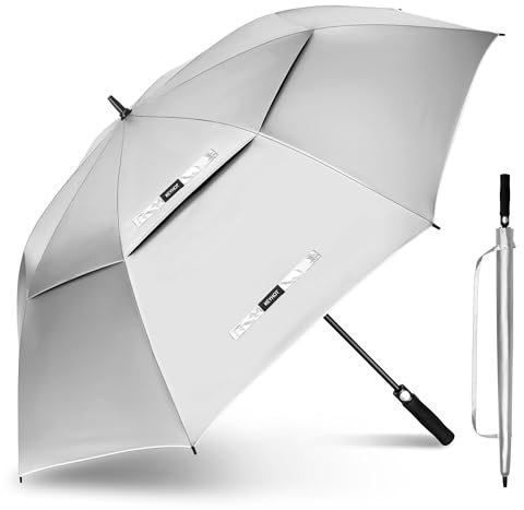 KEYHOT Golf Regenschirm mit UV Schutz 157 cm Golfschirm UV Schutz Große Sturmfest Doppelter Stülle für Herren und Damen (Silber/Schwarz)