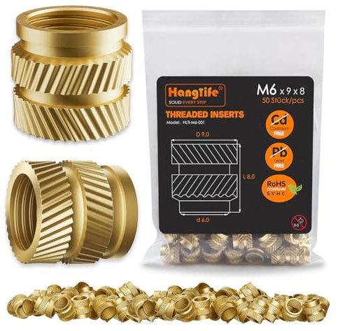 HANGLIFE Insertos Roscados de Ajuste Térmico, M6 Insertos de Tuercas para Componentes de Impresión 3D y Piezas de Plástico - Tuercas Moleteadas Métricas de Latón (50 Piezas)