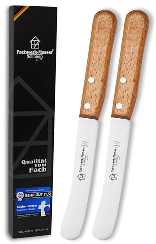 Fachwerk-Messer Buckelsmesser 2er-Set mit Wellenschliff - Testsieger - Frühstücksmesser aus Solingen/Germany - Brötchenmesser/Brotzeitmesser Buchenholz