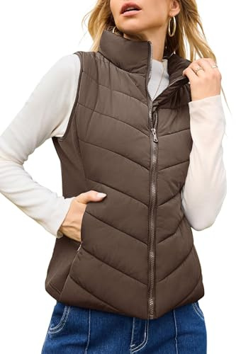 Dokotoo Brown Vest Women Sleeveless Winter Outerwear Warm Puffer Lightweight Stand-Up Collar Down with Pockets Quilted Vest Coats for Women Large