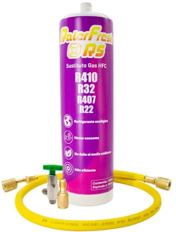 Gas Refrigerante Ralerfresh RS sustituto R410, R32, R407 y R22 refrigerante para aire acondicionado tipo split (Botella + Manguera + Adaptador)