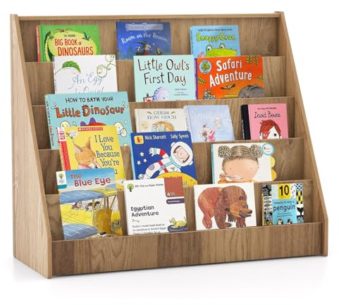 COSTWAY Wooden Kids Bookshelf, 5 Tier Children Bookcase with Deep Compartments, Back Storage Space, Front-Facing Books Display Rack for Playroom, Daycare, Kid’ Room (Natural)